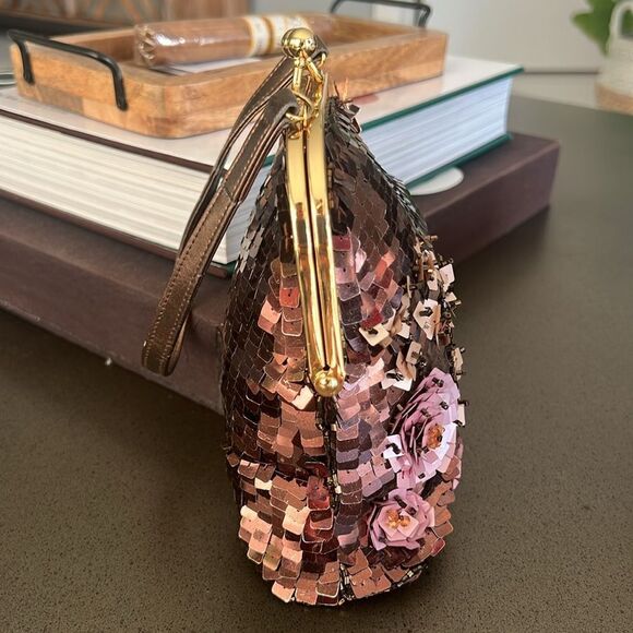 BRACCIALINI Vintage Brown Sequins Beads Small Bag Hangbag Made In Italy. - Picture 3 of 9